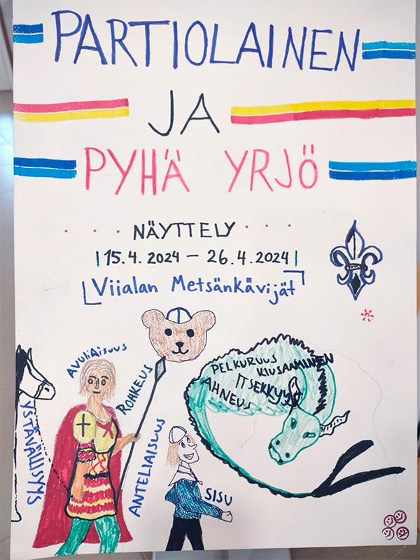 Käsin tehty juliste, jossa mainostetaan Viialan Metsänkävijöiden näyttelyä Viialan kirjastossa.